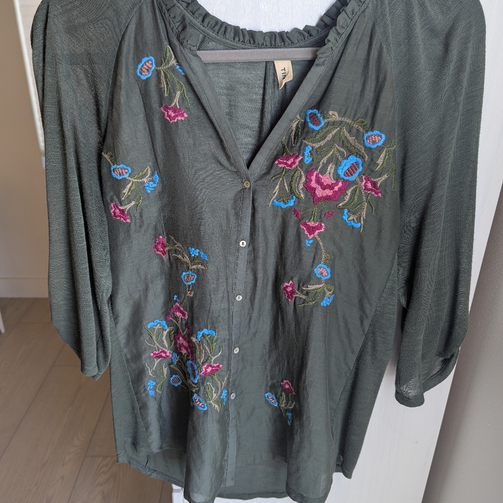 Anthropologie Embroidered Silk Cotton Blend Blouse